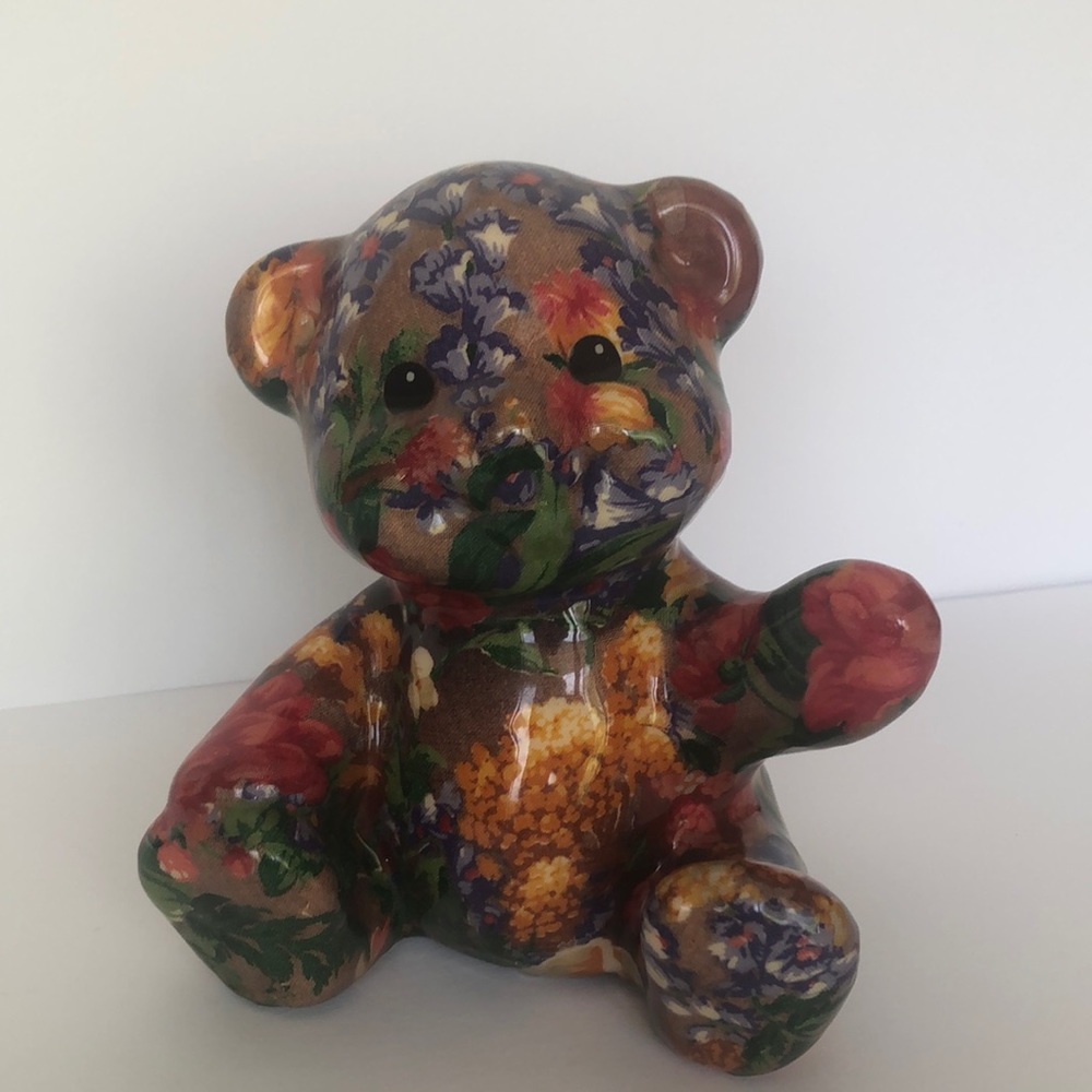 Vintage Porcelain Patchworks Joan Baker Designs Decoupage Bear Figurine